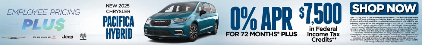 New 2025 Chrysler Pacifica Hybrid 0% APR for 72 Months* PLUS $7,500 in Federal Income Tax Credits**