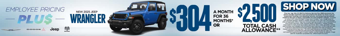 New 2025 Jeep Wrangler $304 for 36 months* or $2,500 Total Cash Allowance**
