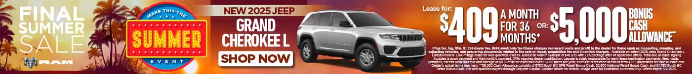 New 2025 Jeep Grand Cherokee L Lease for $409 a month for 36 months* or $5,000 Total Bonus Cash Allowance**