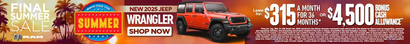 New 2025 Jeep Wrangler Lease for $315 a month for 36 months* or $4,500 Total Bonus Cash Allowance**
