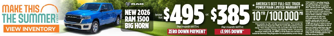 New 2026 RAM 1500 BIG HORN - Lease for $495 per month with ZERO DOWN PAYMENT* or $385 per month with $3,995 Down**