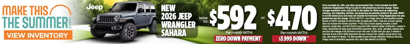 New 2026 Jeep Wrangler Sahara - Lease for $592 per month with ZERO DOWN PAYMENT* or $470 per month with $3,999 Down**
