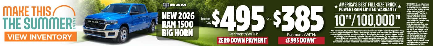 New 2026 RAM 1500 BIG HORN Lease for $495 per month with ZERO DOWN PAYMENT* or $385 per month with $3,995 Down**