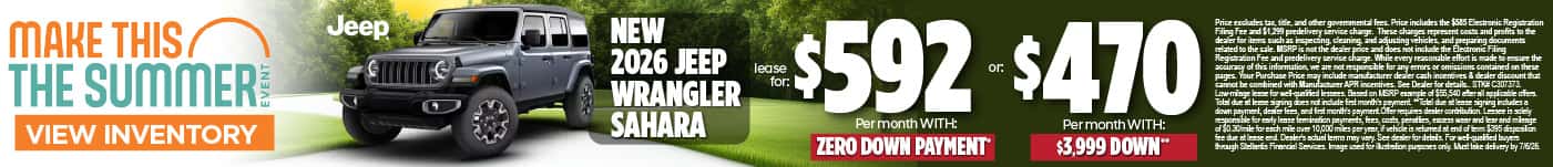 New 2026 Jeep Wrangler Sahara Lease for $592 per month with ZERO DOWN PAYMENT* or $470 per month with $3,999 Down**