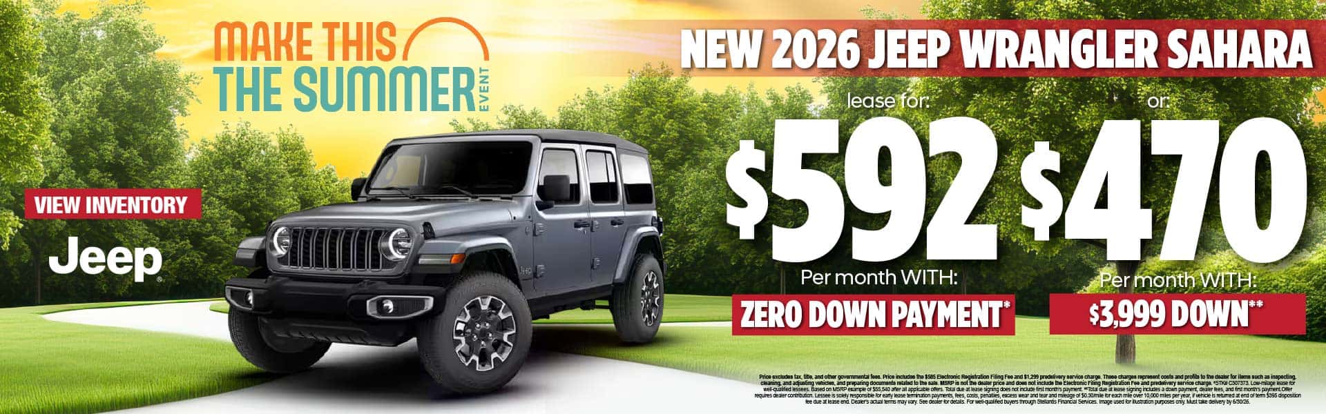 New 2026 Jeep Wrangler Sahara Lease for $592 per month with ZERO DOWN PAYMENT* or $470 per month with $3,999 Down**