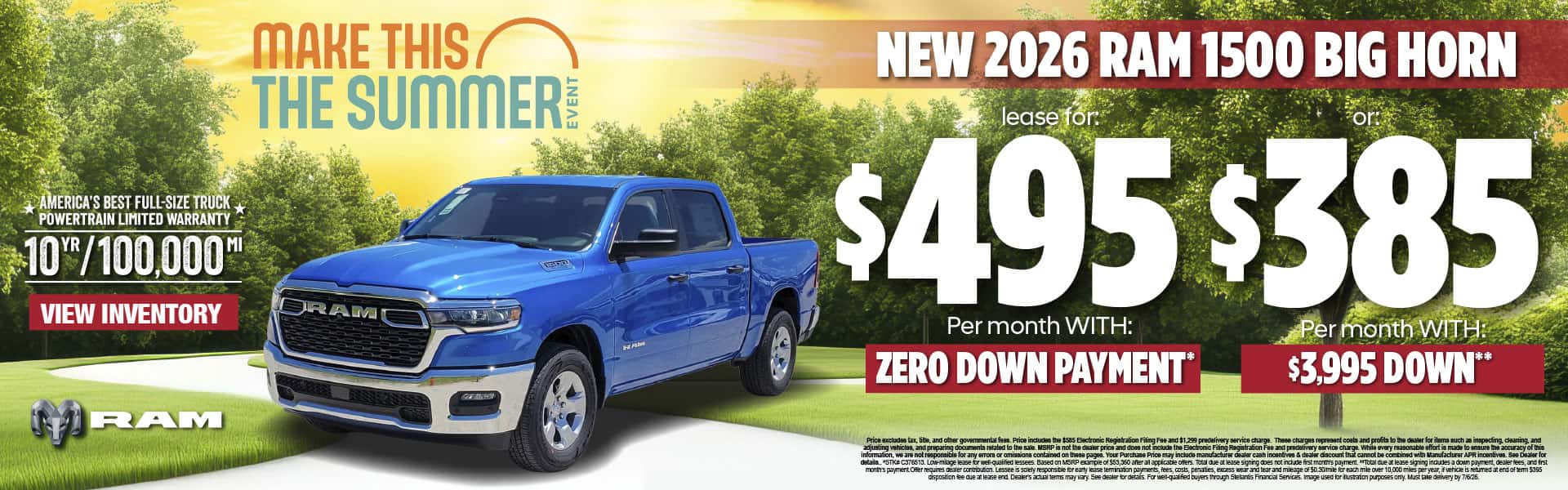 New 2026 RAM 1500 BIG HORN Lease for $495 per month with ZERO DOWN PAYMENT* or $385 per month with $3,995 Down**