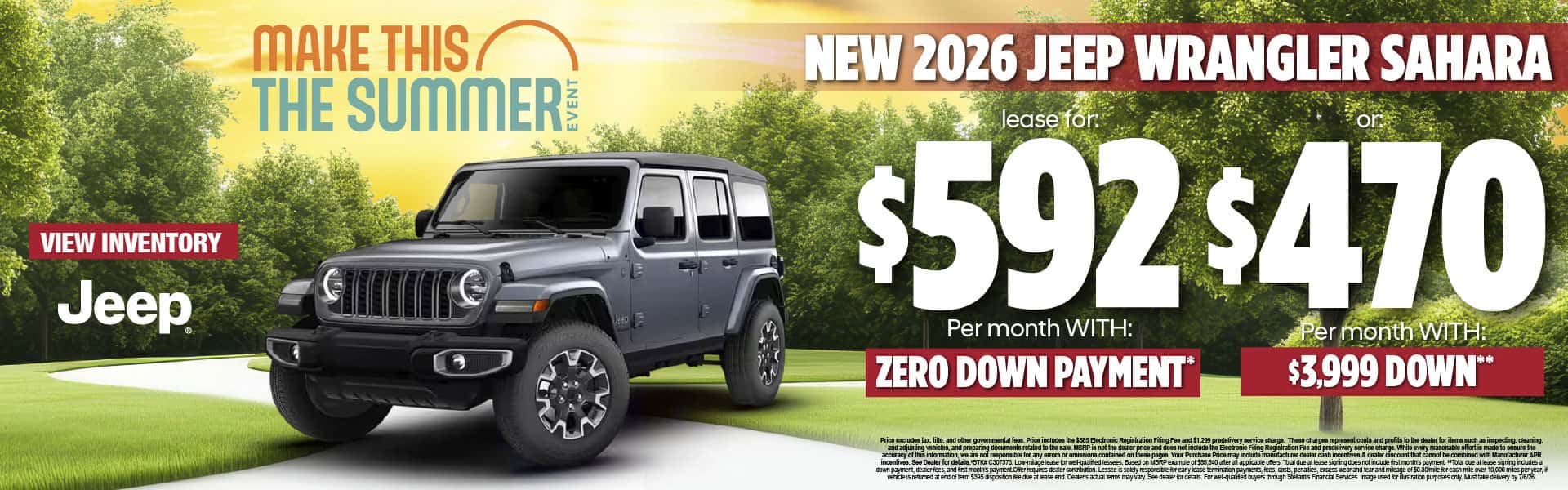 New 2026 Jeep Wrangler Sahara Lease for $592 per month with ZERO DOWN PAYMENT* or $470 per month with $3,999 Down**