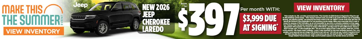 New 2026 Jeep Cherokee Laredo Lease for $397 per month with $3,999 due at signing*