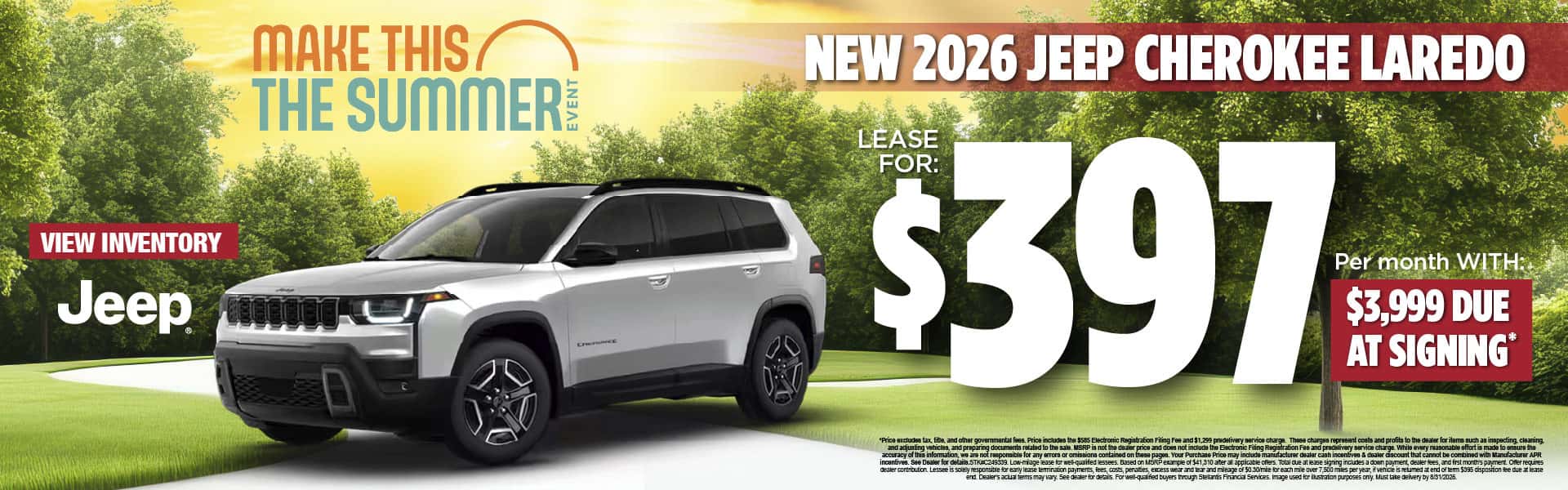 New 2026 Jeep Cherokee Laredo Lease for $397 per month with $3,999 due at signing*
