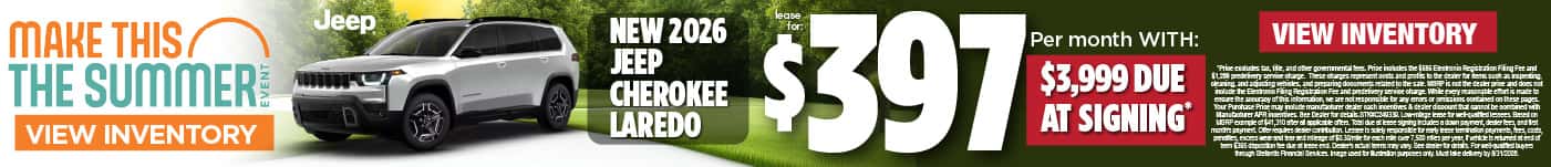 New 2026 Jeep Cherokee Laredo Lease for $397 per month with $3,999 due at signing*