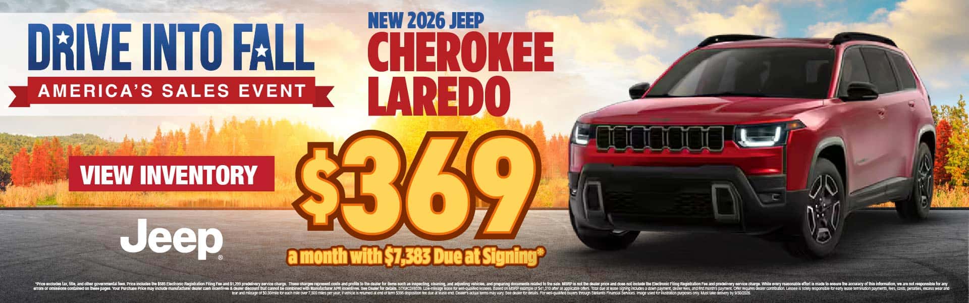 New 2026 Jeep Cherokee Laredo Lease for $369 a month with $7,383 Due at Signing*