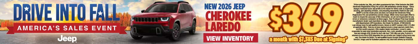New 2026 Jeep Cherokee Laredo Lease for $369 a month with $7,383 Due at Signing*