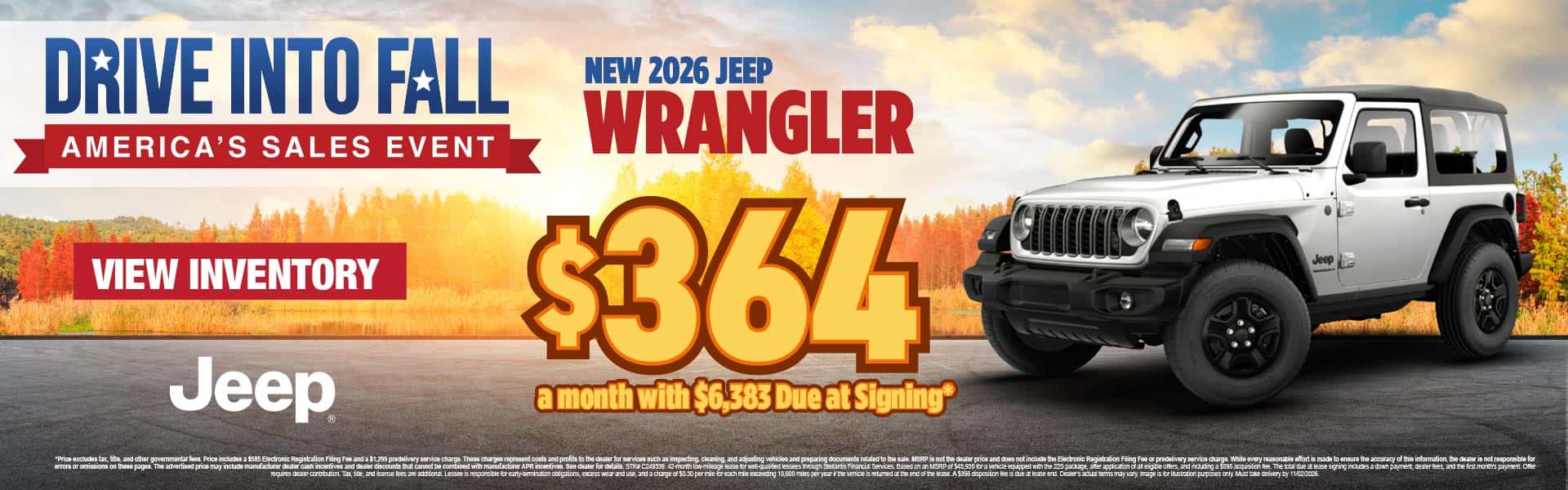 New 2026 Jeep Wrangler Lease for $364 a month with $6,383 Due at Signing*