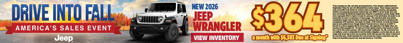 New 2026 Jeep Wrangler Lease for $364 a month with $6,383 Due at Signing*