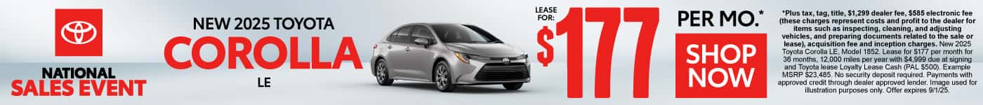 New 2025 Toyota Corolla LE Lease for $177 Per Month*