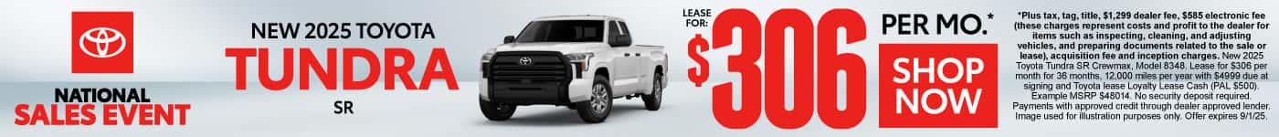 New 2025 Toyota Tundra SR Lease for $306 Per Month*