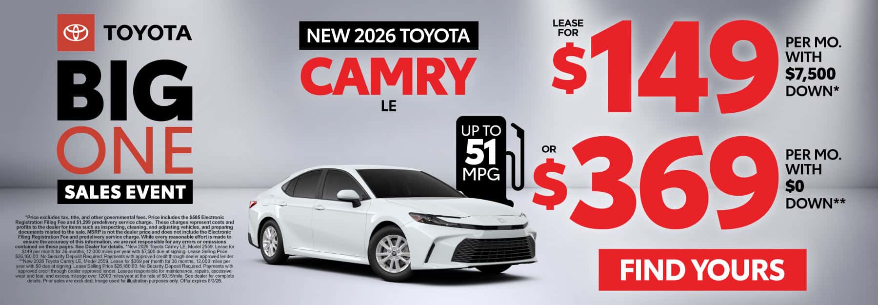 2026 Toyota Camry LE Lease for $149 Per month with $7,500 down* OR $369 with $0 Down**