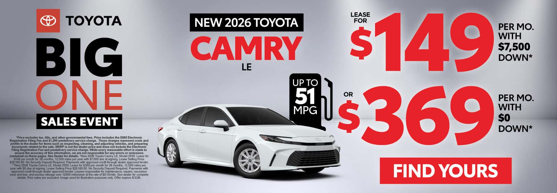 2026 Toyota Camry LE Lease for $149 Per month with $7,500 down* OR $369 with $0 Down**