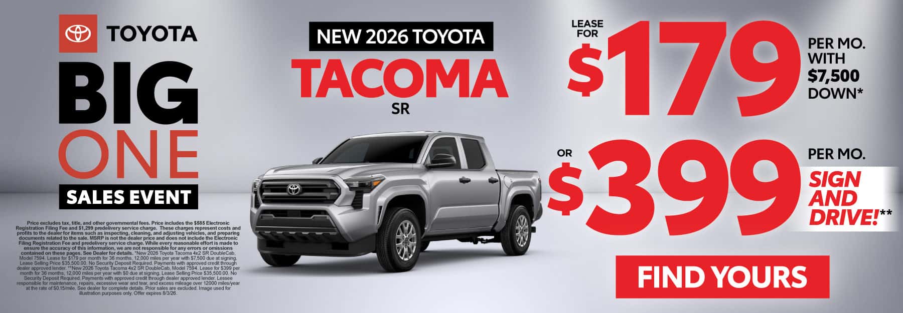 2026 Toyota Tacoma SR Lease for $179 Per month with $7,500 down* OR $399 Sign and Drive!**