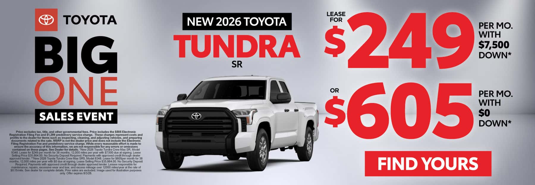 2026 Toyota Tundra SR Lease for $249 Per month with $7,500 down* OR $605 with $0 Down**
