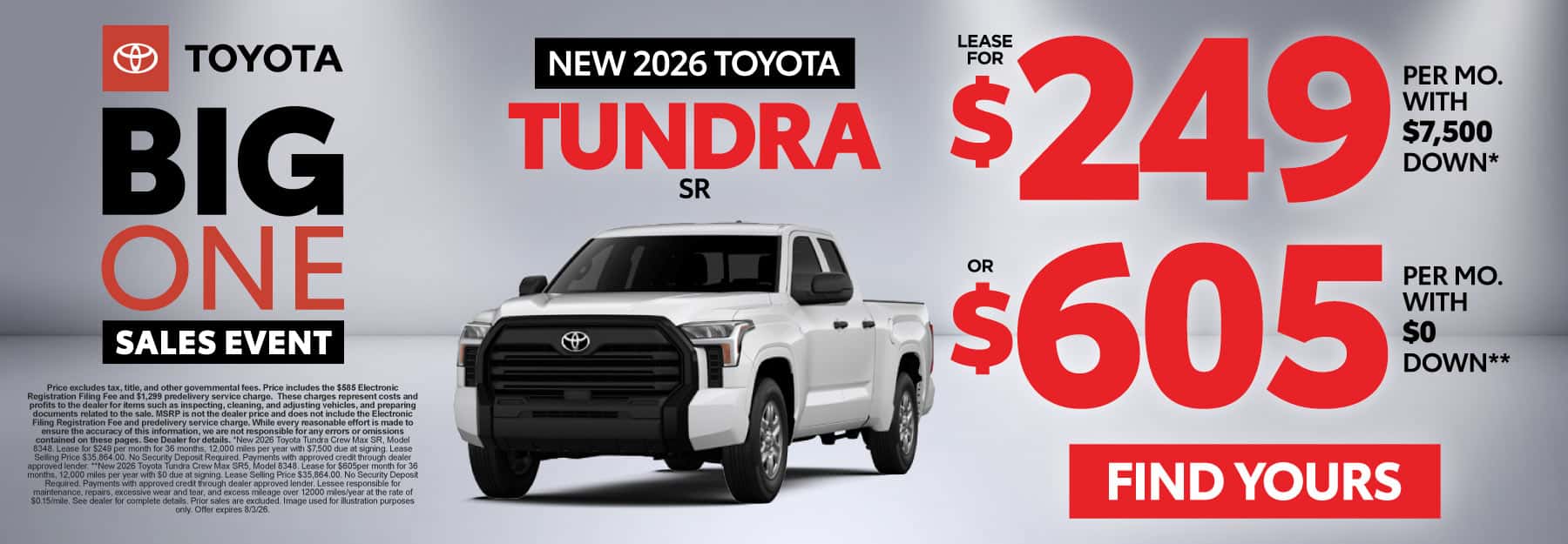 2026 Toyota Tundra SR Lease for $249 Per month with $7,500 down* OR $605 with $0 Down**