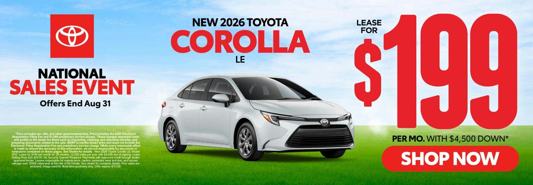 2026 Toyota Corolla LE Lease for $199 Per month with $4,500 down*