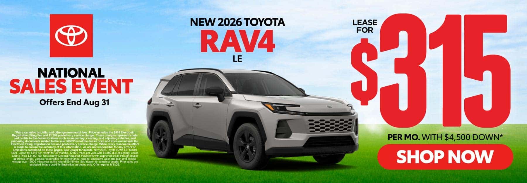 2026 Toyota Rav4 LE Lease for $315 Per month with $4,500 down*