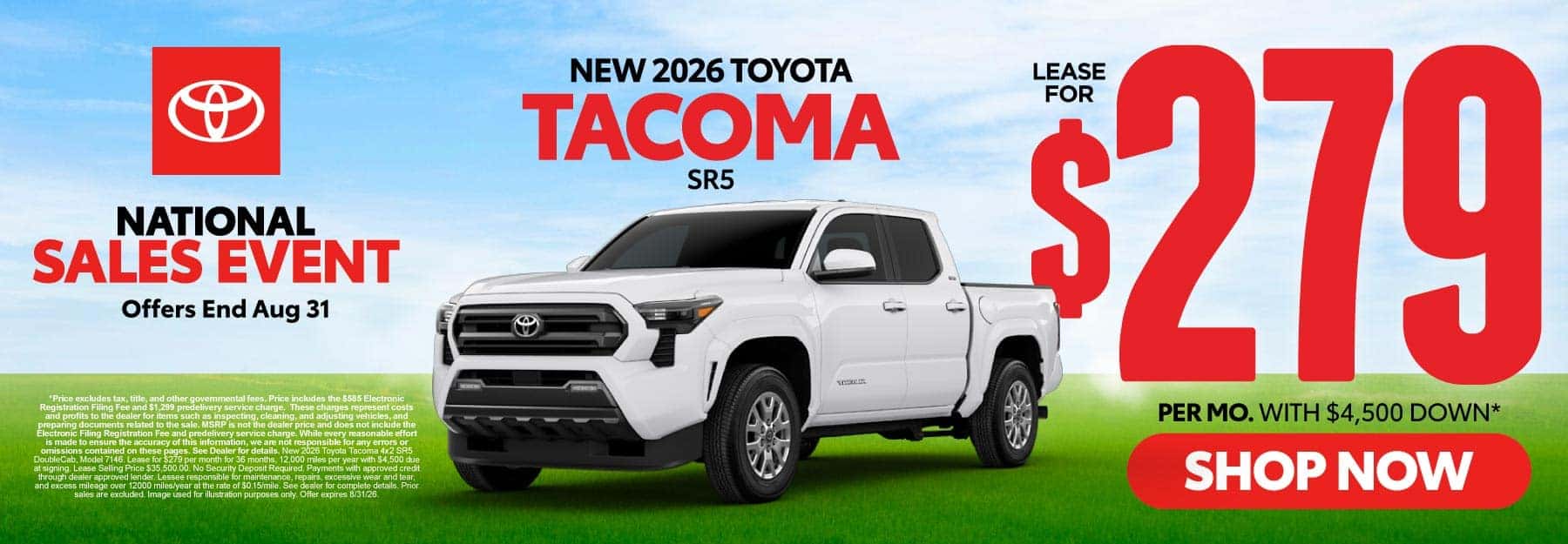 2026 Toyota Tacoma SR5 Lease for $279 Per month with $4,500 down*