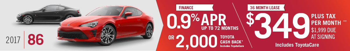 Get 0.9% APR up to 72 months or $2000 Toyota Cash Back on a New 2017 Toyota 86 OR Lease a New 2017 86 for $349 per Month at Hamer Toyota New Toyota 86 for sale in Mission Hills, CA