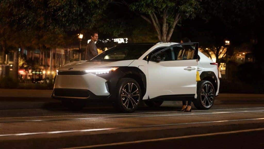 White 2023 Toyota bZ4X at night