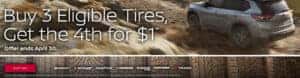 Buy 3 Eligible Tires, Get the 4th for $1* Offer ends April 30. SHOP TIRES Certain restrictions apply. See participating dealer for details. Ends April 50, 2025. Heavy loading of the vehicle with cargo, especially on the roof, will affect the handling and stability of the vehicle.