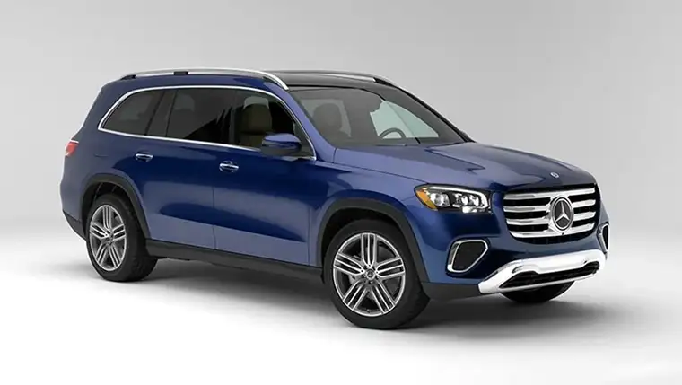 Blue Mercedes-Benz GLS SUV shown from a front three-quarter angle on white