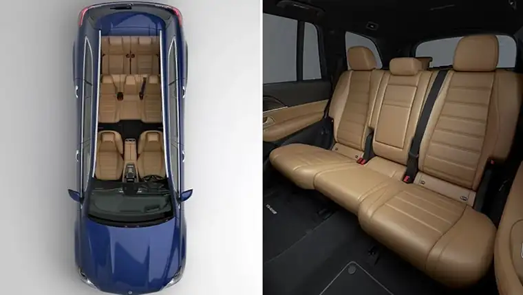 Overhead view of the GLS cabin beside its tan leather second-row bench seat