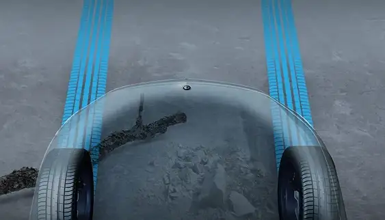 Overhead illustration of the SUV showing the ground beneath the hood through the bodywork