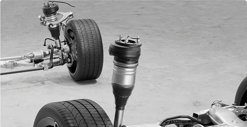 Cutaway view of an S-Class front air suspension strut between the wheels