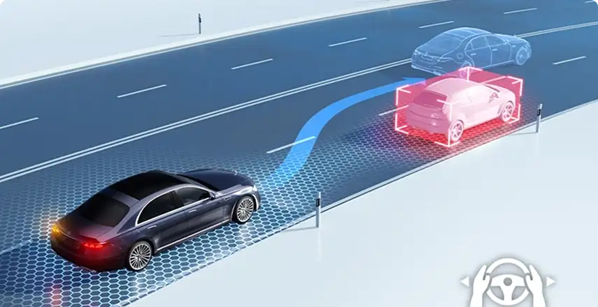 Illustration of a sedan steering around a highlighted vehicle ahead on a highway