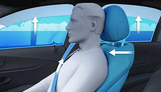 Illustration of a seated occupant as the seat belt tightens and the windows close