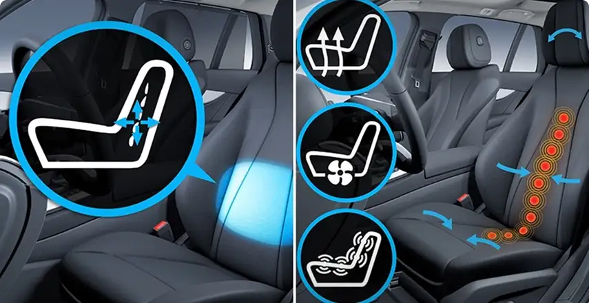 Seat contour, ventilation and massage icons beside a black leather front seat
