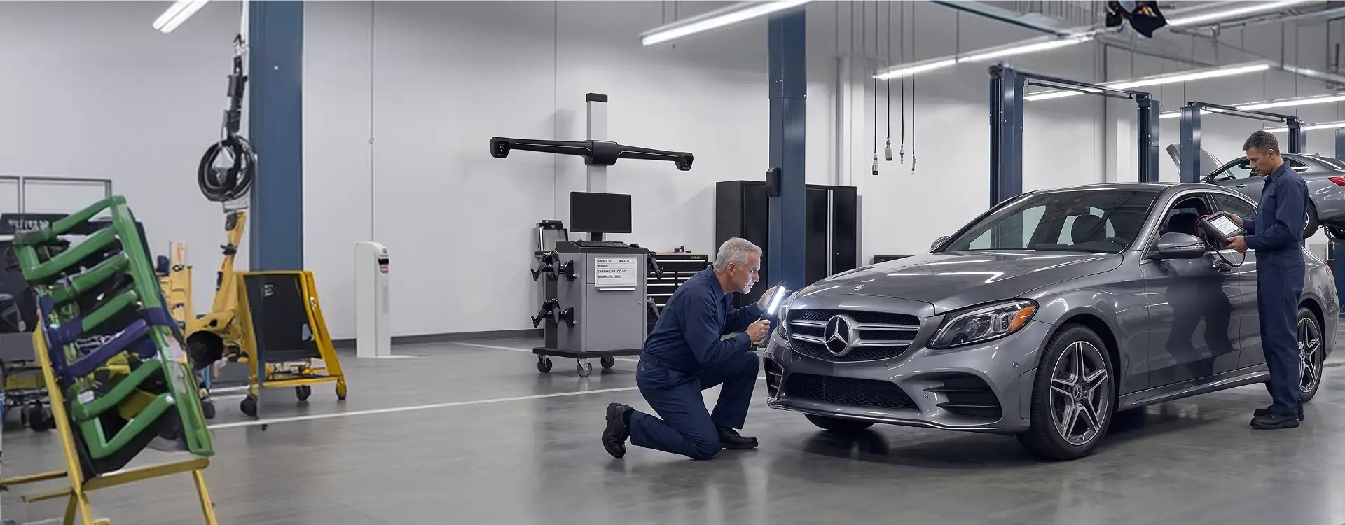 Two Mercedes-Benz technicians inspecting a silver Mercedes-Benz C-Class sedan inside the Helms Bros service shop