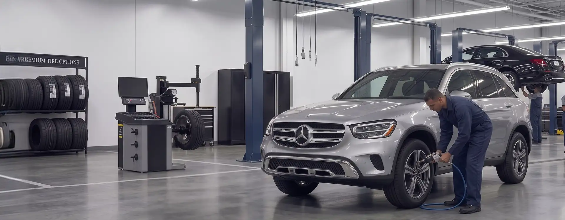 Technician using an impact wrench on the wheel of a silver Mercedes-Benz GLC in the Helms Bros tire bay, with a tire rack and balancer behind