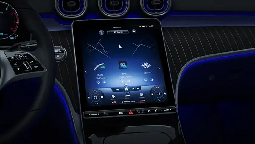 Third-generation MBUX portrait touchscreen showing its tile-style menu.