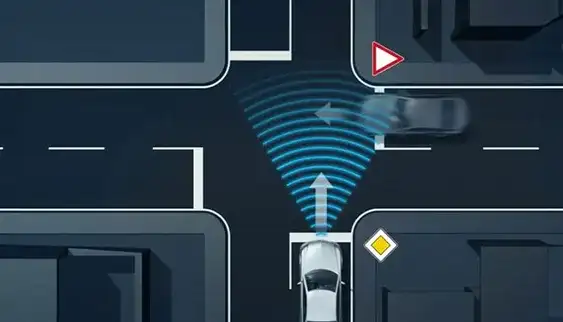 Overhead illustration of Active Brake Assist detecting a hazard at an intersection.