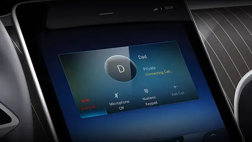 MBUX screen showing an active hands-free Bluetooth phone call.