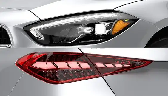 Close view of the C-Class LED headlamp and horizontal LED taillamp.