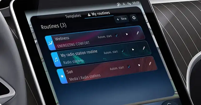 MBUX touchscreen showing the routines and templates menu.
