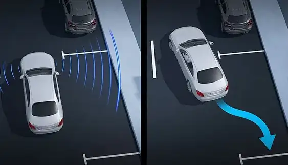Overhead illustration of Active Parking Assist steering the sedan into a parallel space.