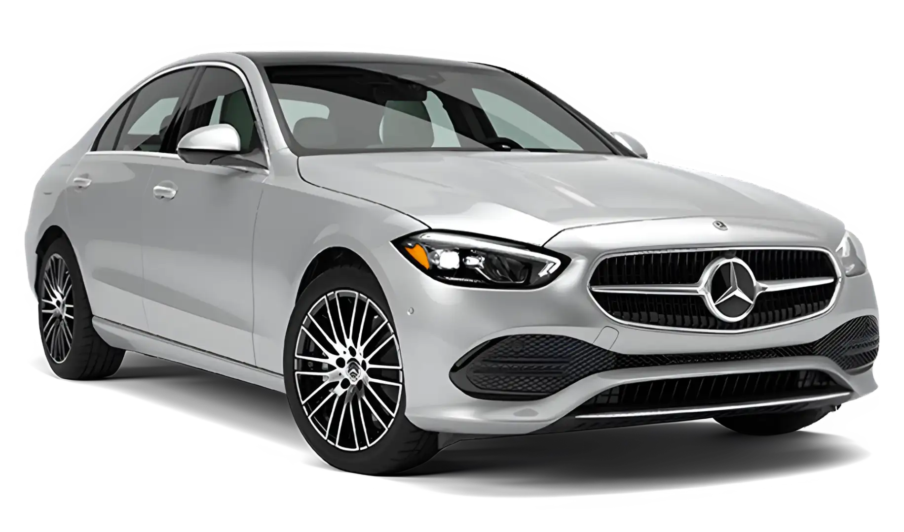 Silver 2026 Mercedes-Benz C 300 4MATIC Sedan shown from a front three-quarter angle on white.