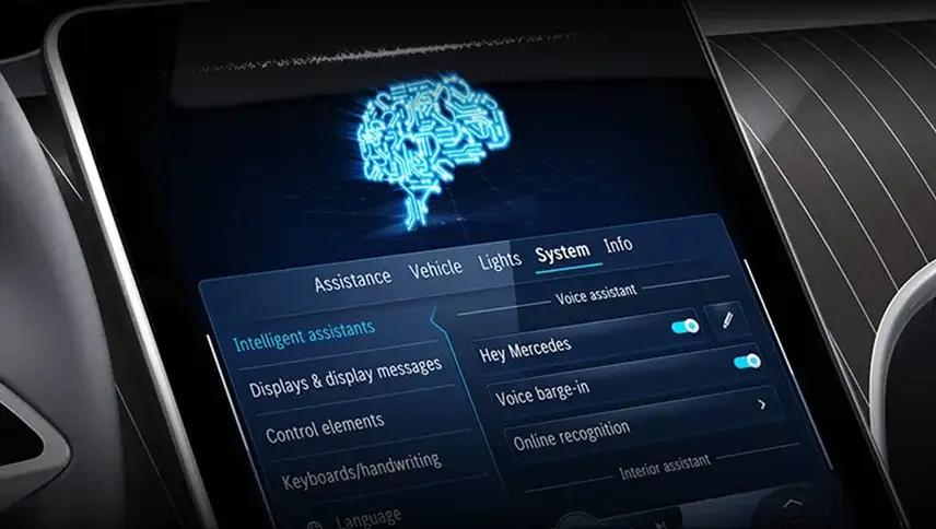 MBUX screen showing the voice assistant responding to a spoken command.