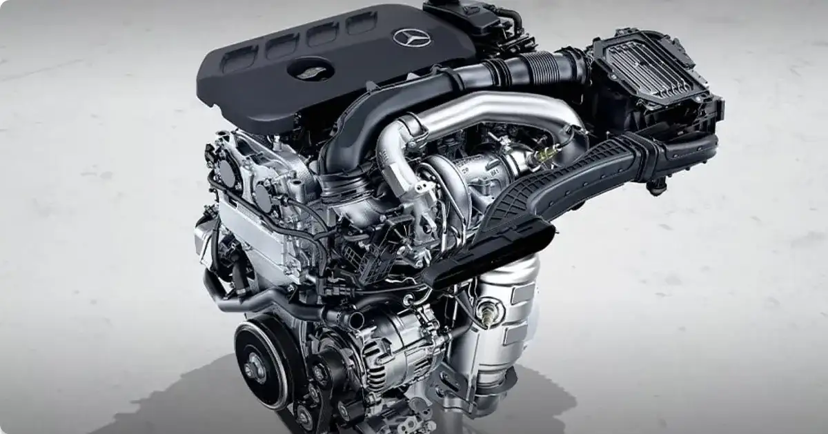 2.0L inline-4 turbocharged engine with mild hybrid drive shown on a plinth.