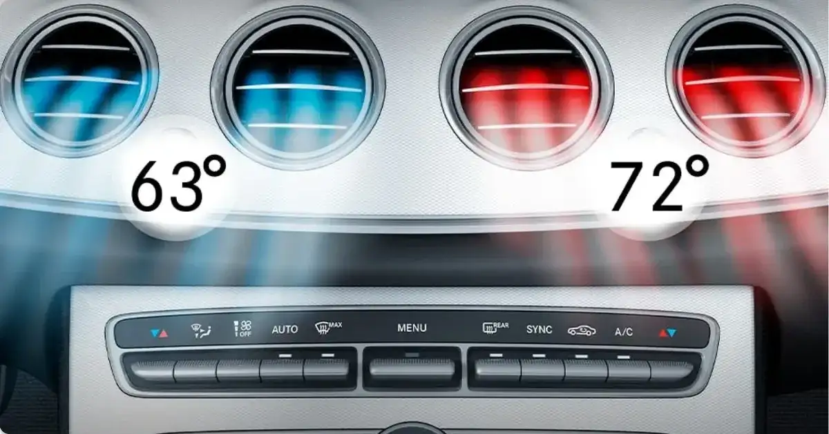 GLA air vents lit blue and red beside the dual-zone climate control panel.